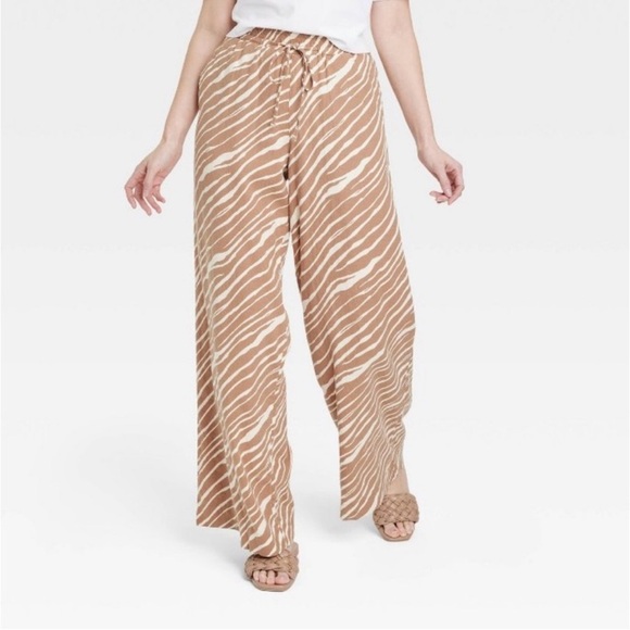 A New Day Tan Zebra Print Wide Legged Linen Blend Pants Women Size XS Pockets - Picture 1 of 14